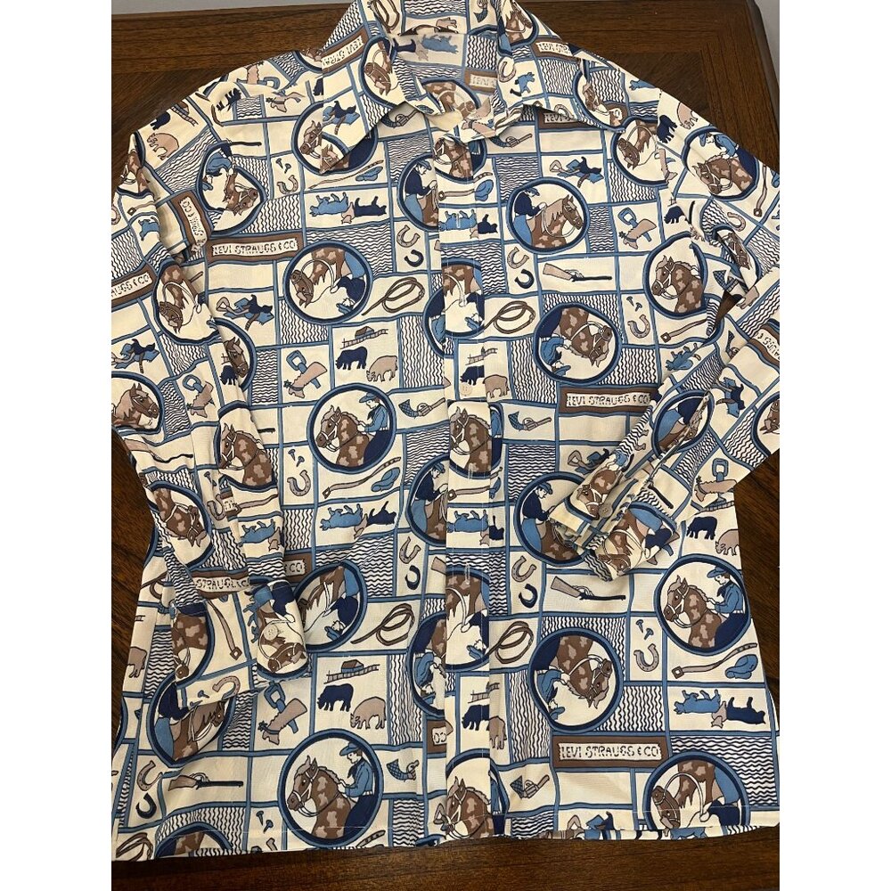 Levis Vintage Western Country Cowboy Blue/Beige Long Sleeve Shirt SZ Med